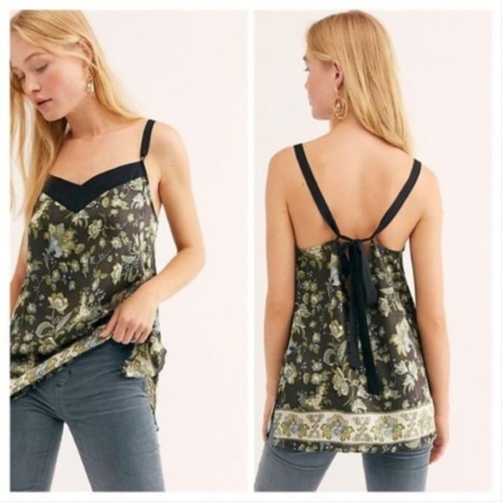Free People Summer “Solstice” Floral Satin Cami with Back Ribbon Tie Mixed Media